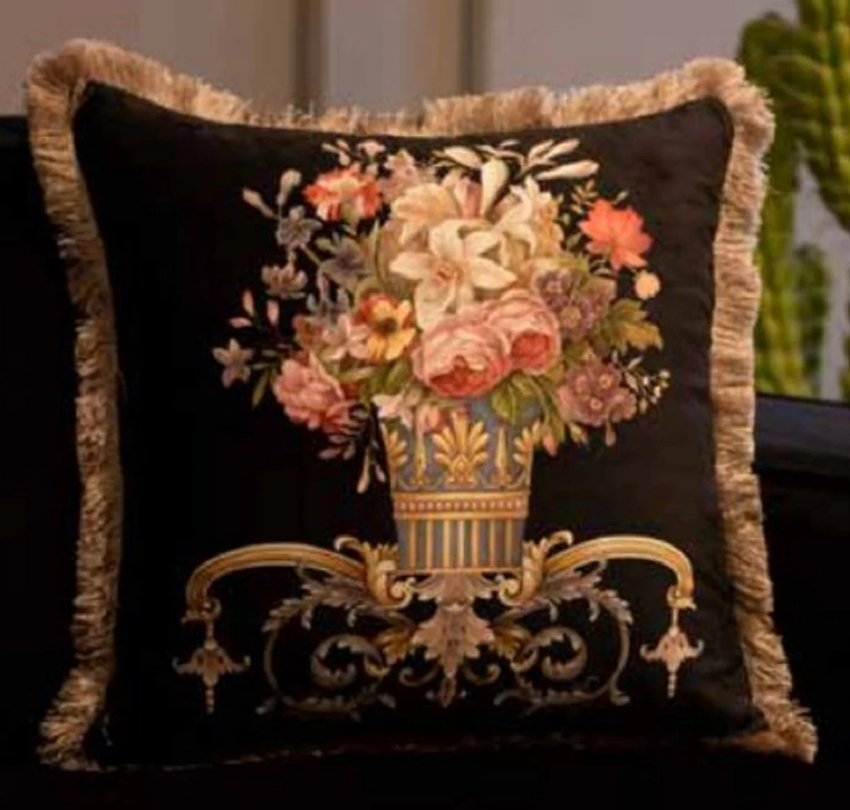 Luxury Baroque Velvet Cushion Vase with Flowers Black / Multicolored / Brown 45 x 45 cm - Printed Decorative Cushion with Fringes - Baroque Decorative Accessories