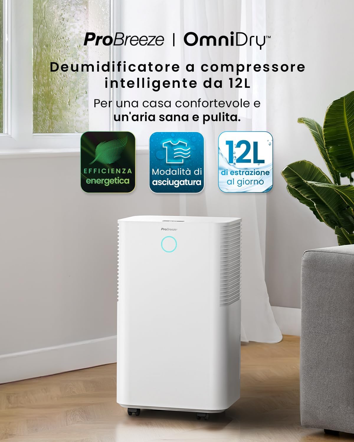 Pro Breeze Deumidificatore Compressor Intelligente 12L/G con serbatoio 'acqua 2L, asciugatura dei vestiti e sensore di umidità - Timer 24H, modalità notturna per umidità, muffa e condensa