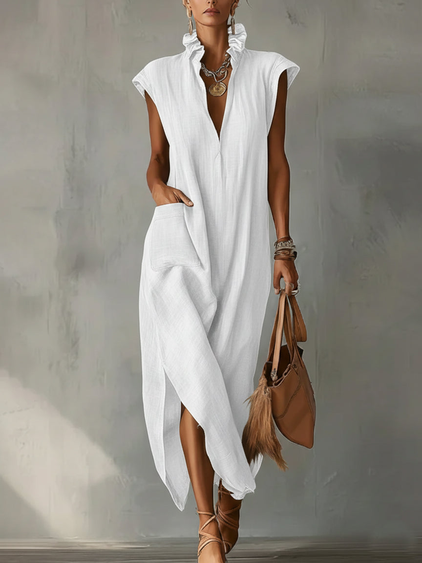 Women’s Ruffle Collar Cotton Linen Midi Dress – Elegant Summer Dress - Nordfashionstorm - Women's Clothing, Fashion for You - Nordfashionstorm.com