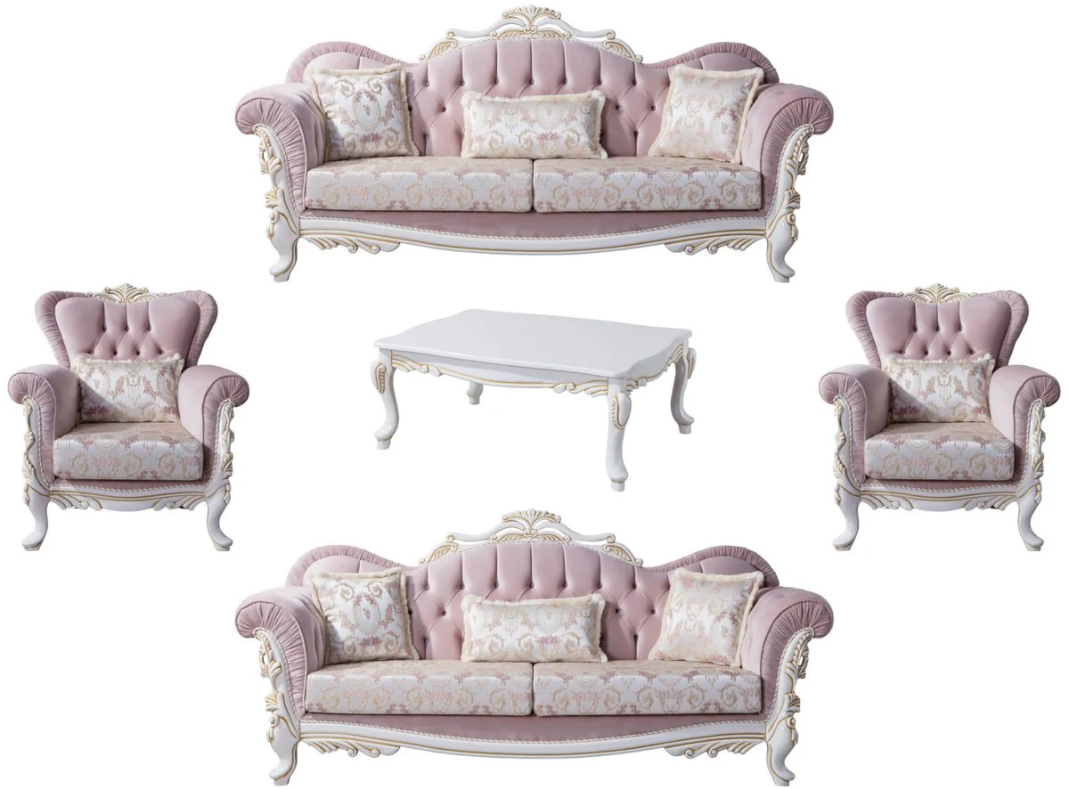 Luxury baroque living room set pink / silver / white / gold - 2 sofas & 2 armchairs & 1 coffee table - noble living room furniture in baroque style