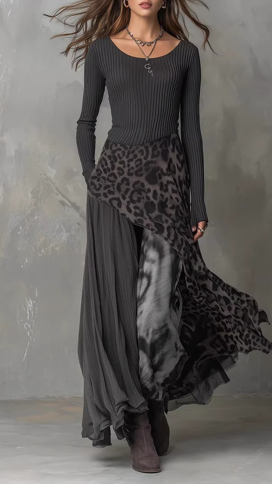 Women's Cotton‑blend Dark‑gray Leopard‑print Spliced U‑neck Long‑sleeve Irregular Flared Maxi Dress - Nordfashionstorm - Women's Clothing, Fashion for You - Nordfashionstorm.com