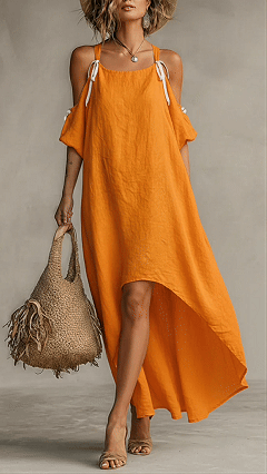 Women's Cotton‑blend Warm Orange Tie‑Strap Cold‑Shoulder Irregular‑Hem Midi Dress - Nordfashionstorm - Women's Clothing, Fashion for You - Nordfashionstorm.com
