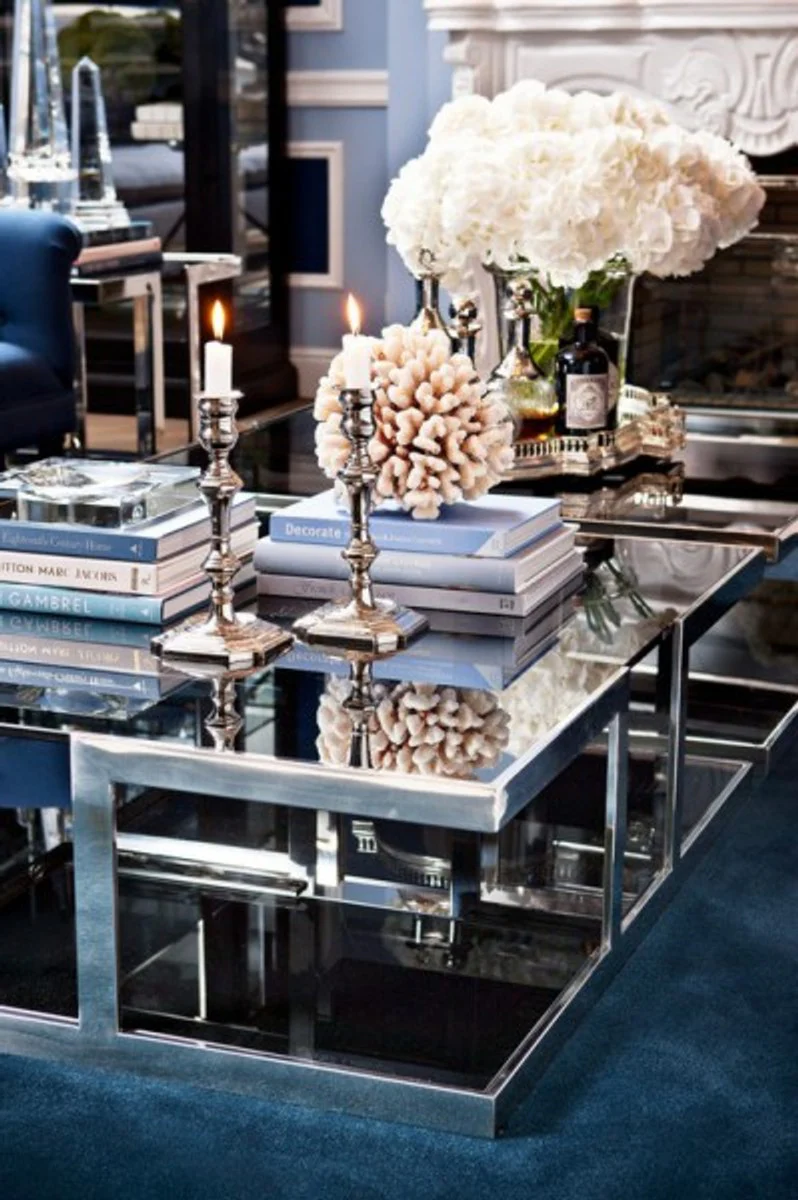 Luxury Art Deco designer coffee table polished stainless steel with smoked glass 100 x 100 cm - Luxury Collection