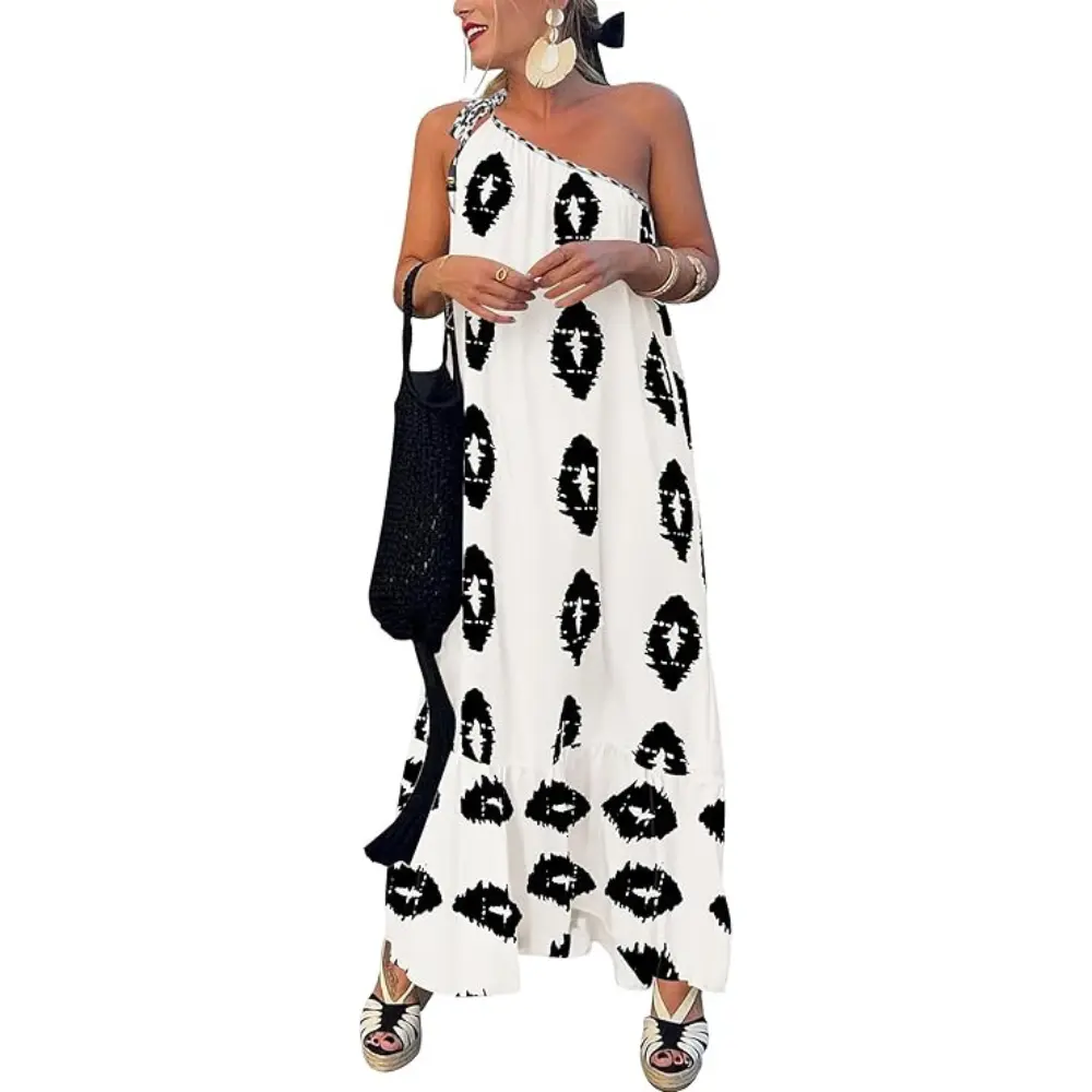 PrettyGarden Women's One Shoulder Spaghetti Strap Printed A Line Flowy Boho Maxi Long Sundress