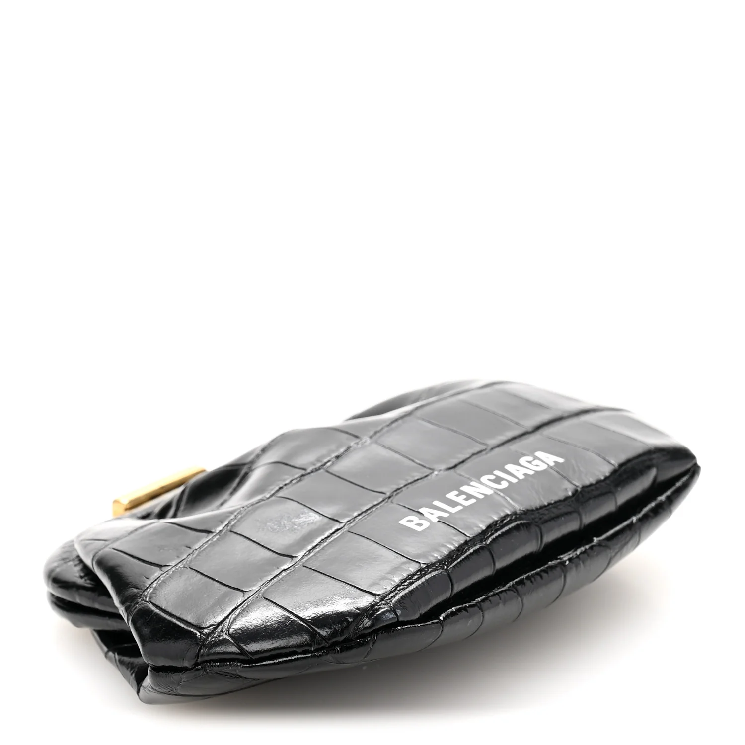 Shiny Supple Calfskin Logo Crocodile Embossed Cloud Coin Purse Black White - Top Club