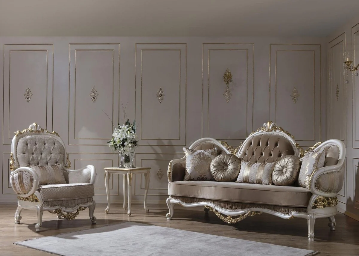 Luxury Baroque sofa brown / white / gold 220 x 80 x H. 124 cm - Magnificent living room sofa with decorative pillows - Baroque furniture