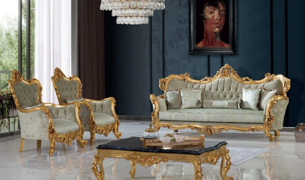 Luxury baroque coffee table black / gold 120 x 85 x H. 50 cm - magnificent solid wood living room table with table top in marble look - baroque furniture
