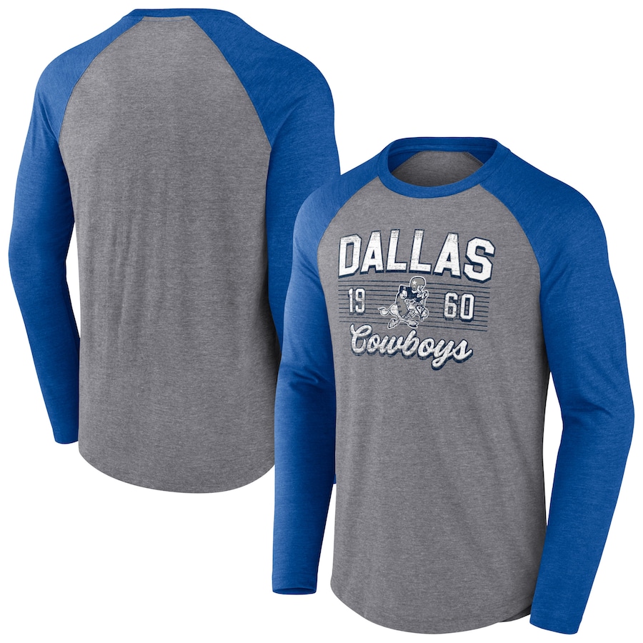 Men's Dallas Cowboys Fanatics Branded Heathered Gray/Royal Weekend  Tri-Blend Raglan Long Sleeve T-Shirt