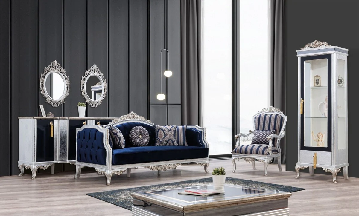 Luxury Baroque Living Room Set Blue / Silver / Gold - 2 Sofas & 2 Armchairs & 1 Coffee Table - Living Room Furniture in Baroque Style - Noble & Magnificent