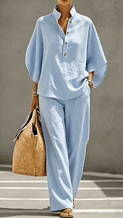 Women's Striped Linen-Cotton Batwing Sleeve Two-Piece Set - Nordfashionstorm - Women's Clothing, Fashion for You - Nordfashionstorm.com