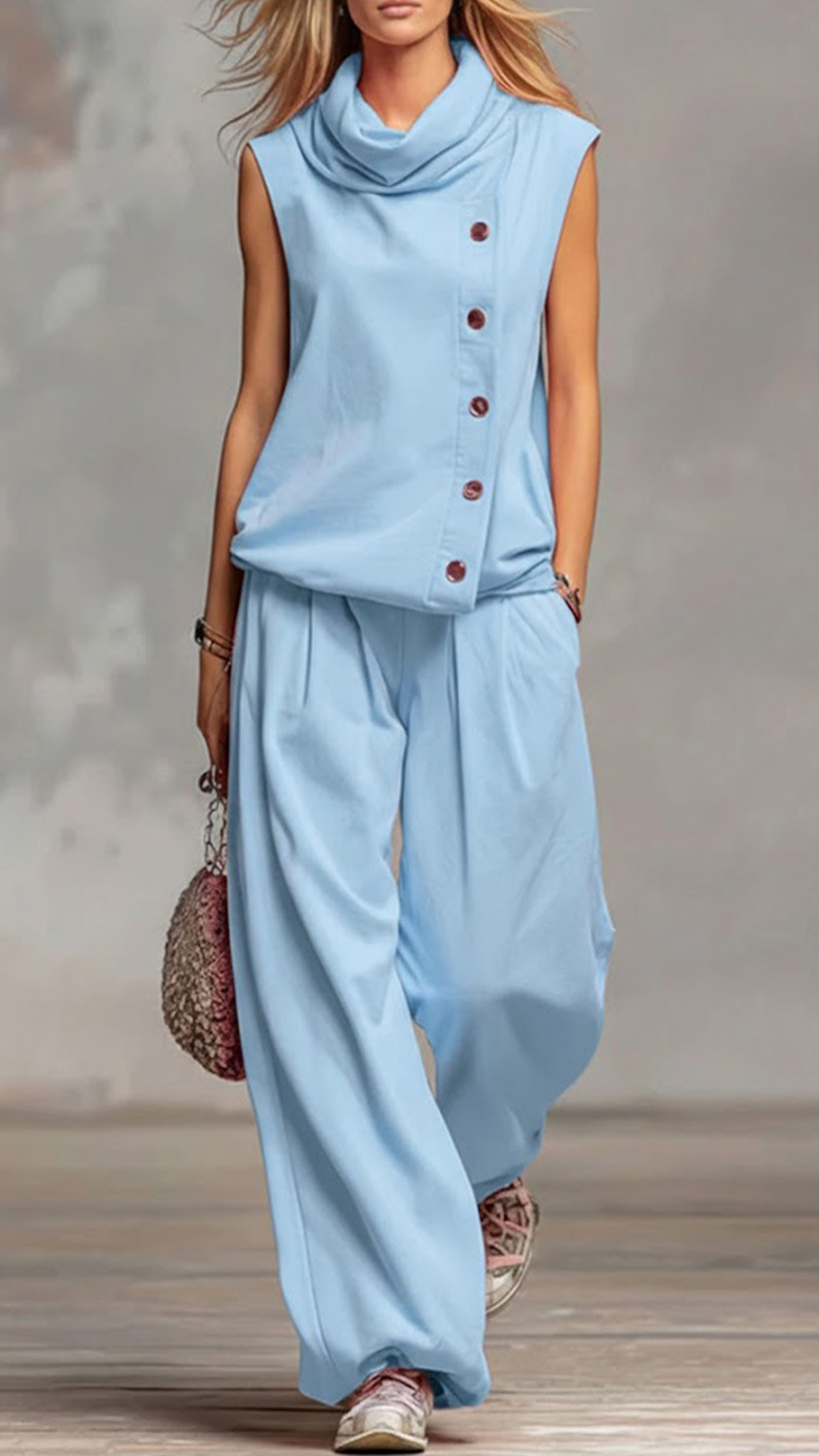 Women's Cowl Neck Sleeveless Top & Wide-Leg Pants Set - Nordfashionstorm - Women's Clothing, Fashion for You - Nordfashionstorm.com