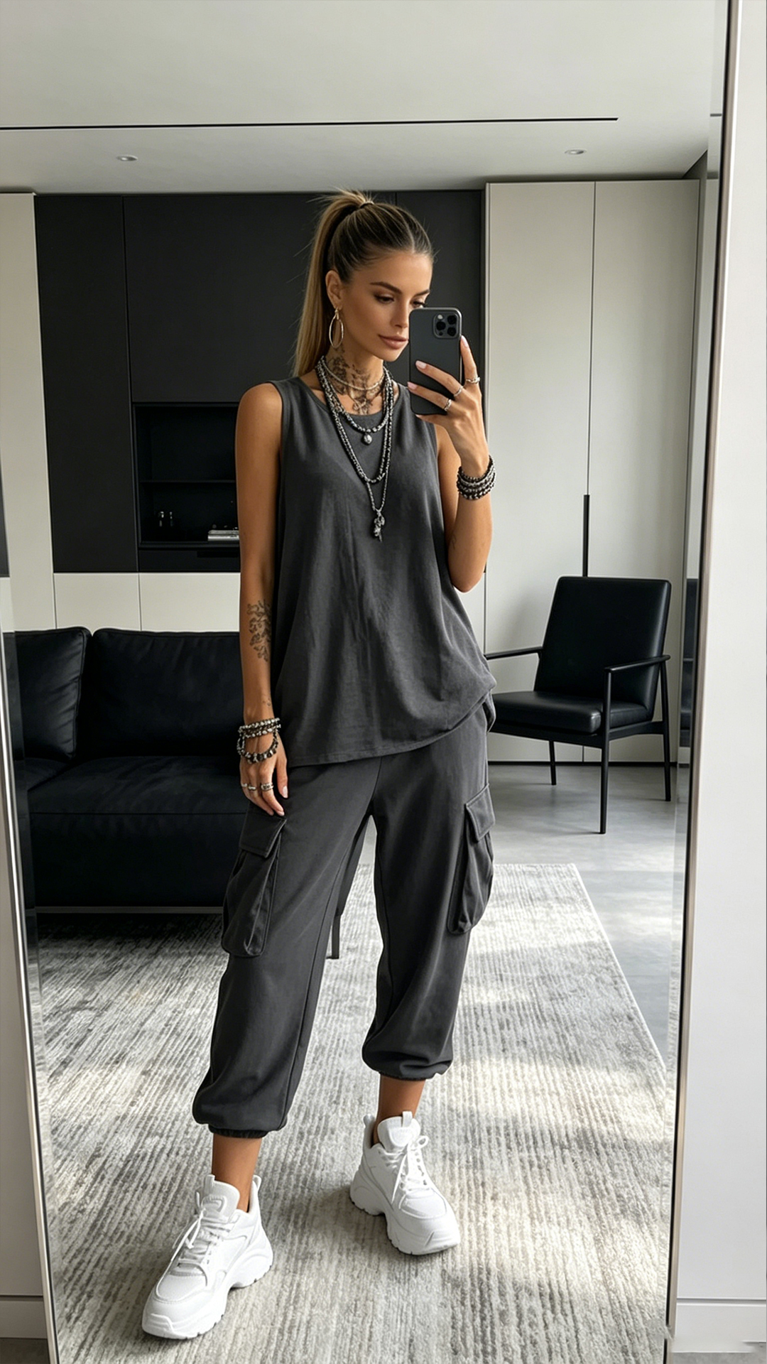 Women's Dark Grey Sleeveless Cargo Cropped Two-Piece Outfit - Nordfashionstorm - Women's Clothing, Fashion for You - Nordfashionstorm.com