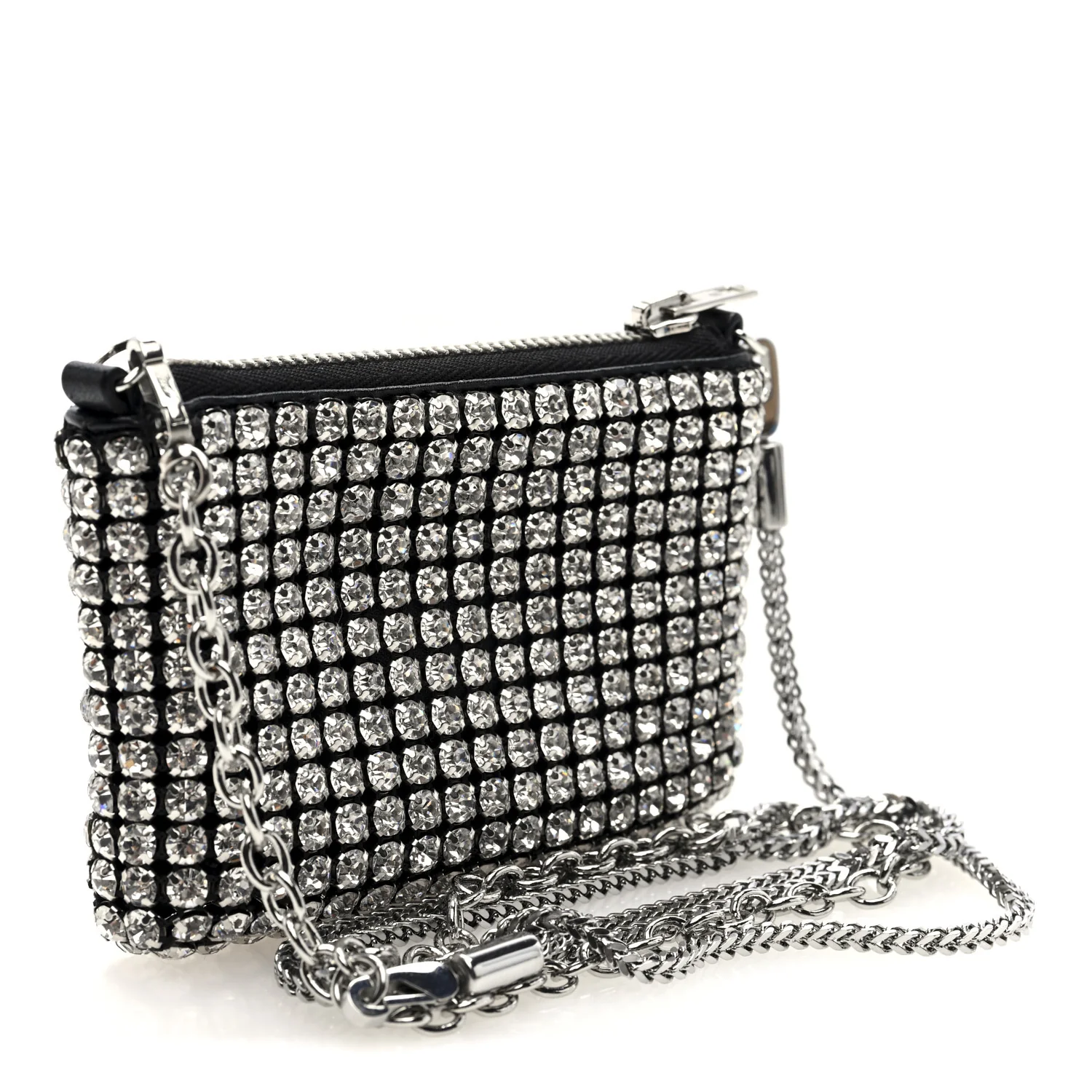 Mesh Crystal Rhinestone Nano Heiress Shoulder Bag Black Silver - Top Club