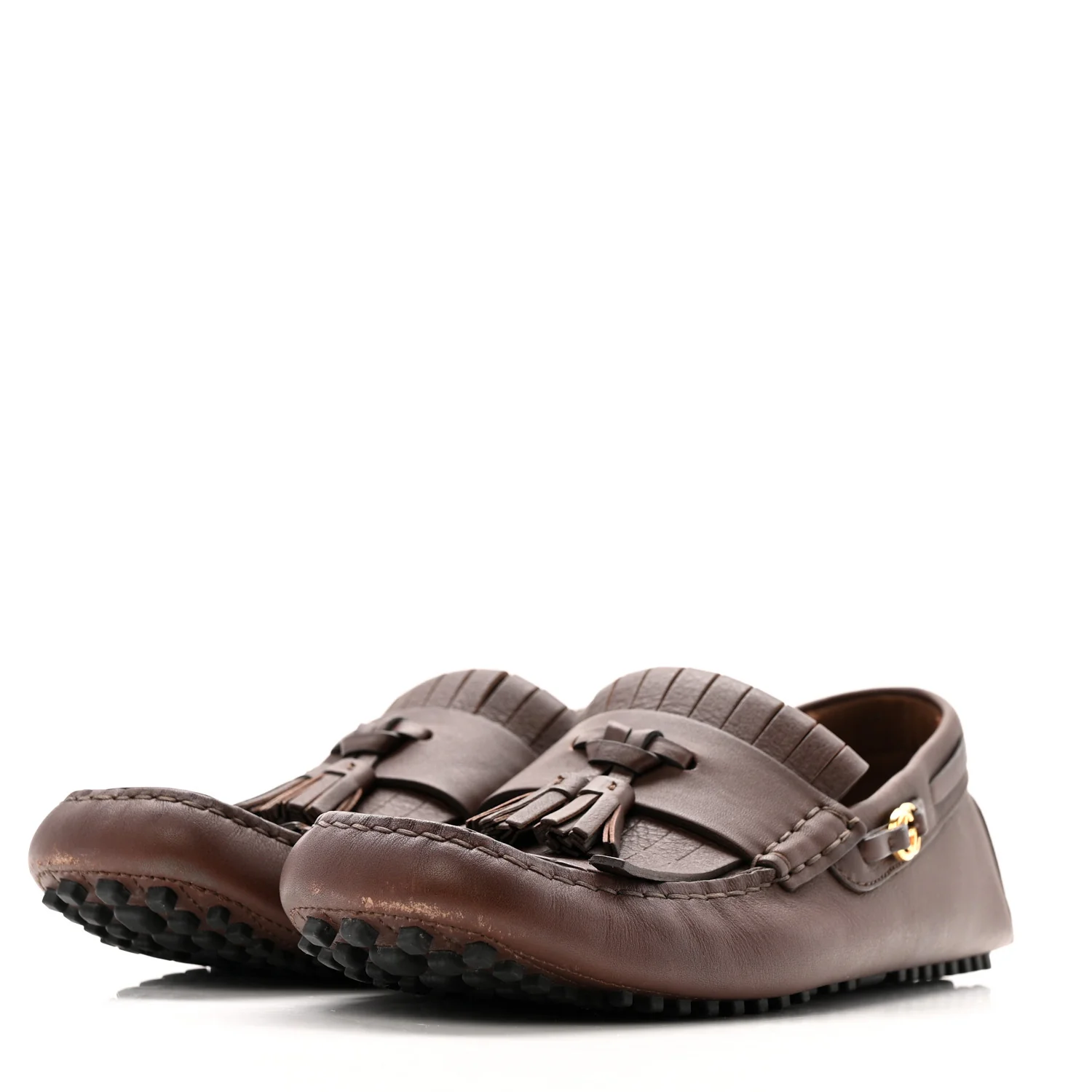 Calfskin Fringe Interlocking G Mens Driver Loafers 8 Brown - Top Club