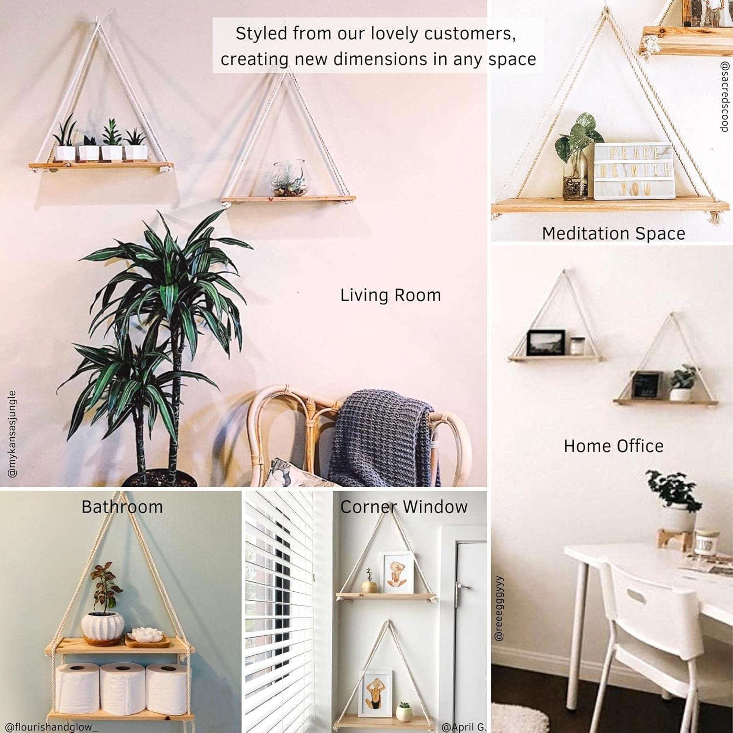 BASE ROOTS Hanging Shelves for Wall [Set of 2 w/Hooks] Wooden Shelf Macrame Rope, Natural Light Reclaimed Wood, Moon Phase Wall Hanging, Handmade Hammered Silver Metal 13 Moons 36