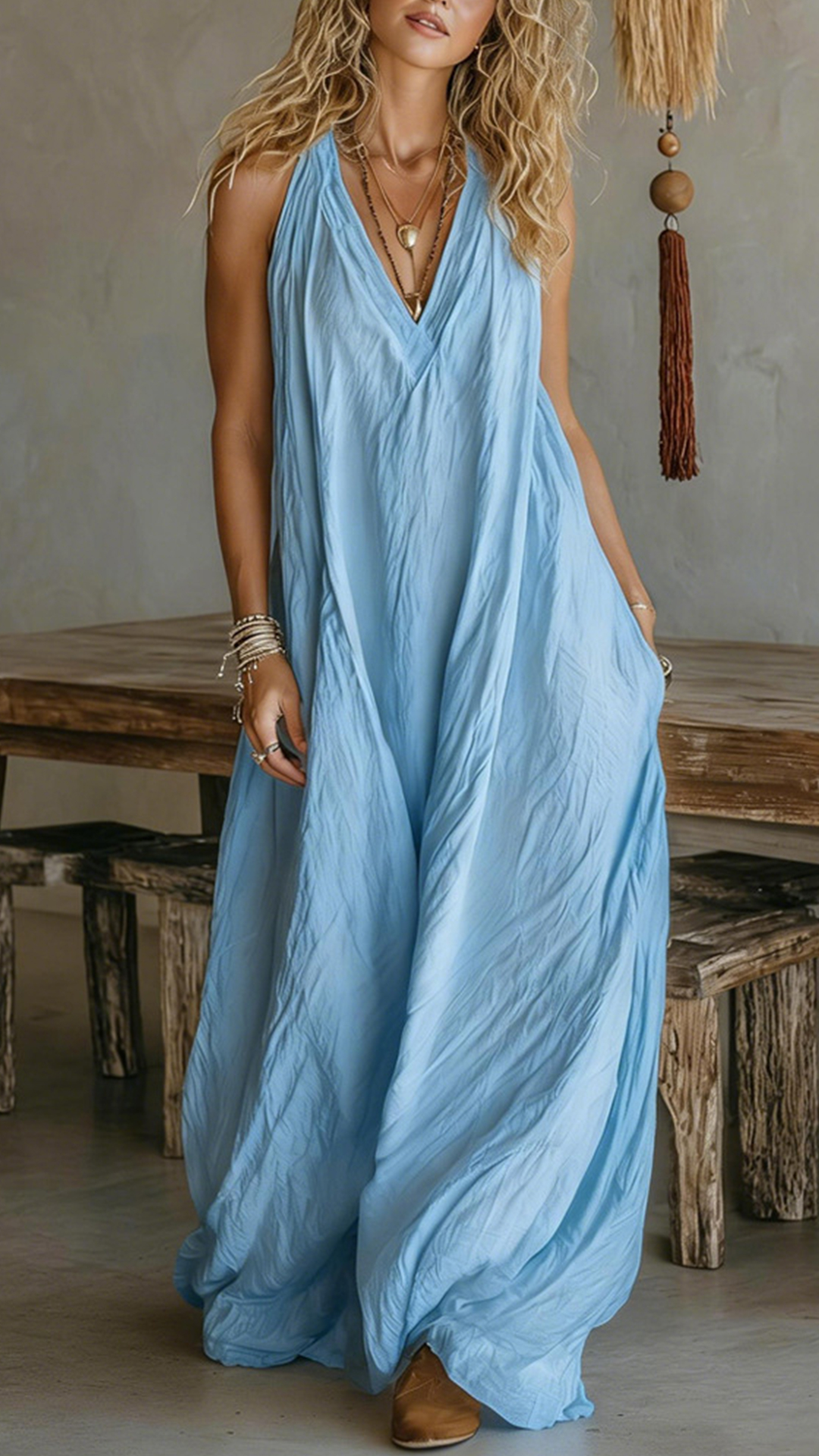 Women's Halter V-Neck Linen-Blend Maxi Dress - Nordfashionstorm - Women's Clothing, Fashion for You - Nordfashionstorm.com