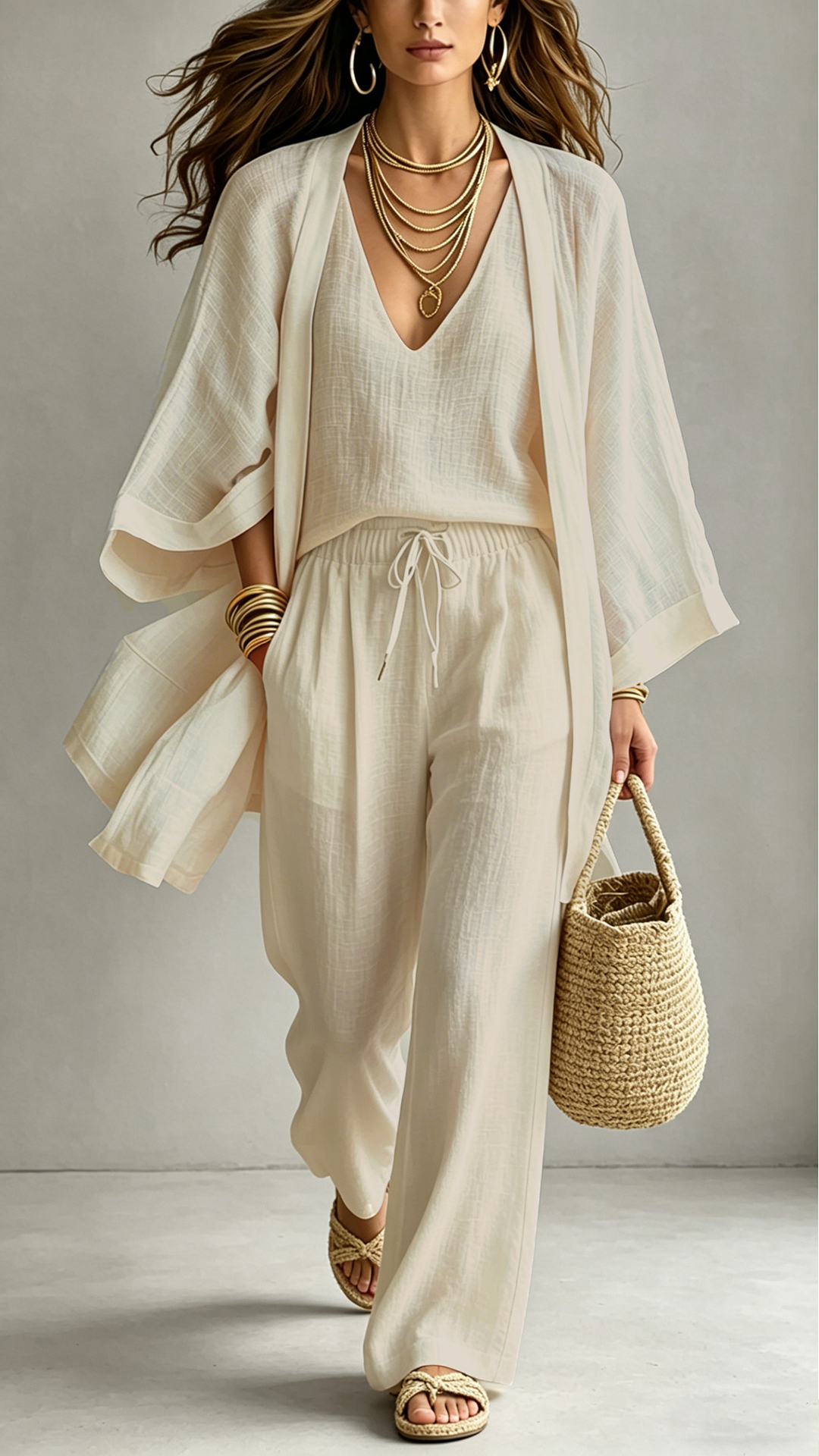 Women's  Linen-Blend Three-Piece Set(Kimono + Tank + Pants) - Nordfashionstorm - Women's Clothing, Fashion for You - Nordfashionstorm.com
