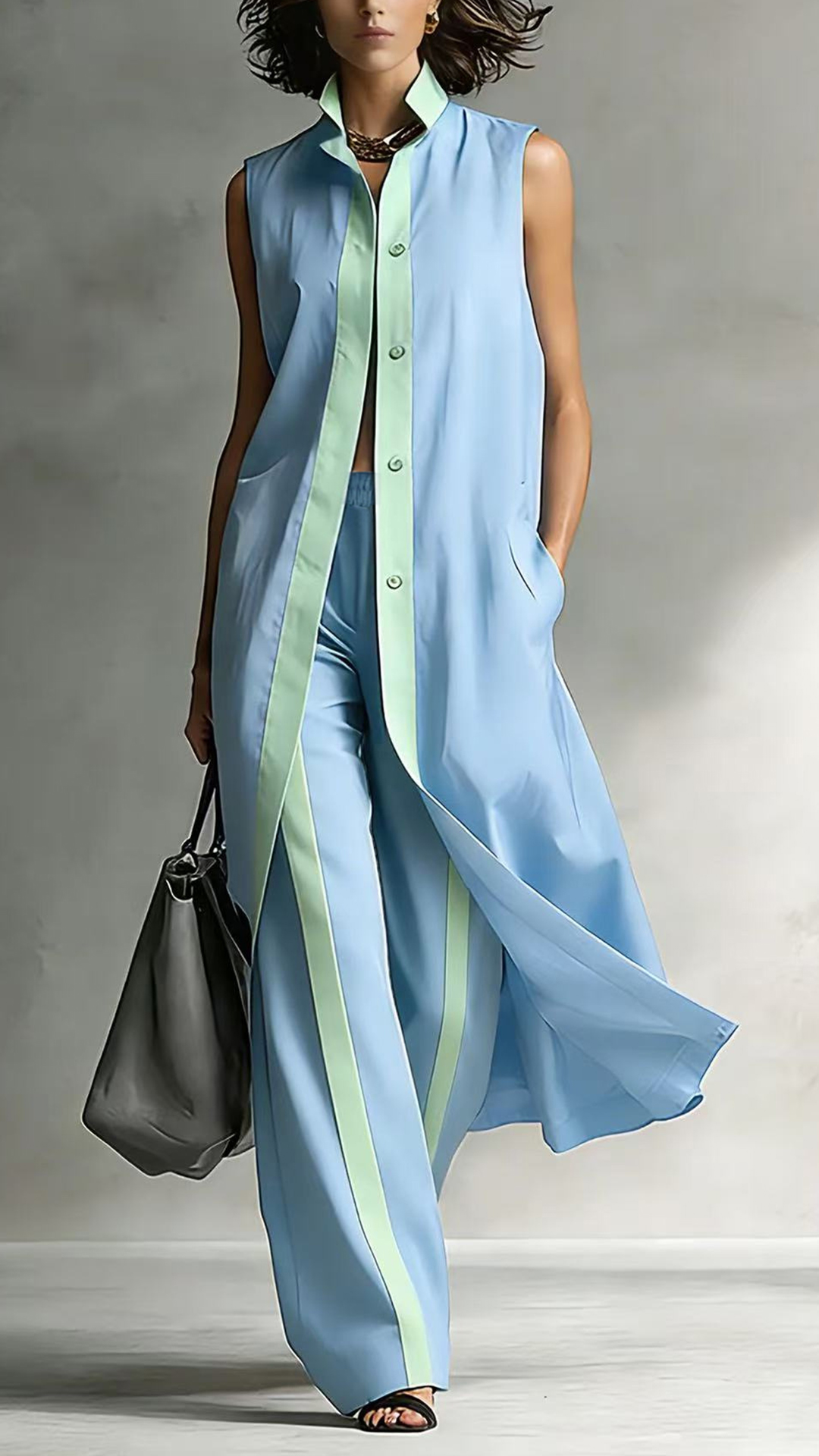 Women's Color-Blocked Sleeveless Long Shirt & Wide-Leg Pants Set - Nordfashionstorm - Women's Clothing, Fashion for You - Nordfashionstorm.com