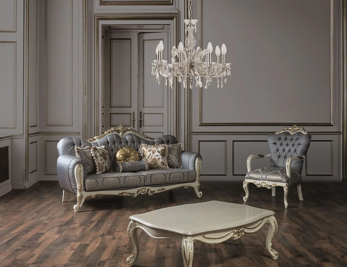 Luxury Baroque Living Room Set Blue / White / Gold - 2 Sofas & 2 Armchairs & 1 Coffee Table - Furniture in Baroque Style - Noble & Magnificent