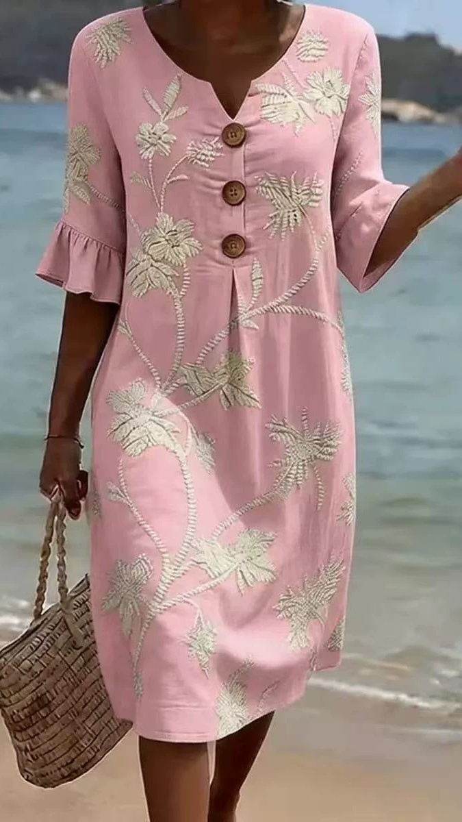 Women's Vacation-Style V-Neck Printed Loose-Fit Dress with Mid-Length Sleeves - Nordfashionstorm - Women's Clothing, Fashion for You - Nordfashionstorm.com
