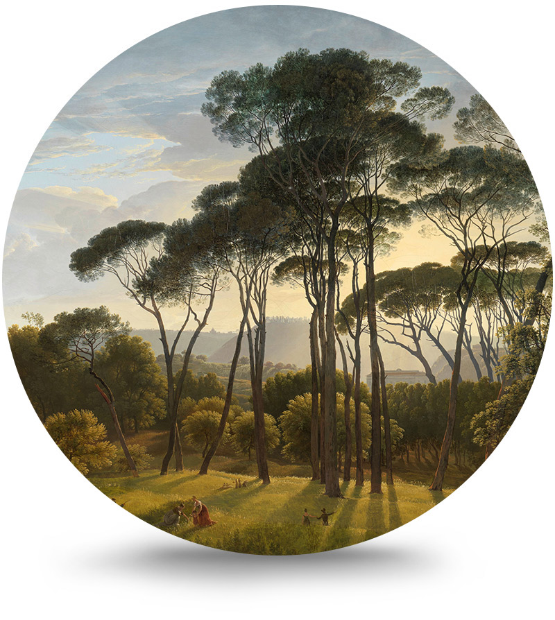 Rond schilderij aluminium Italiaans landschap met parasoldennen 140 cm