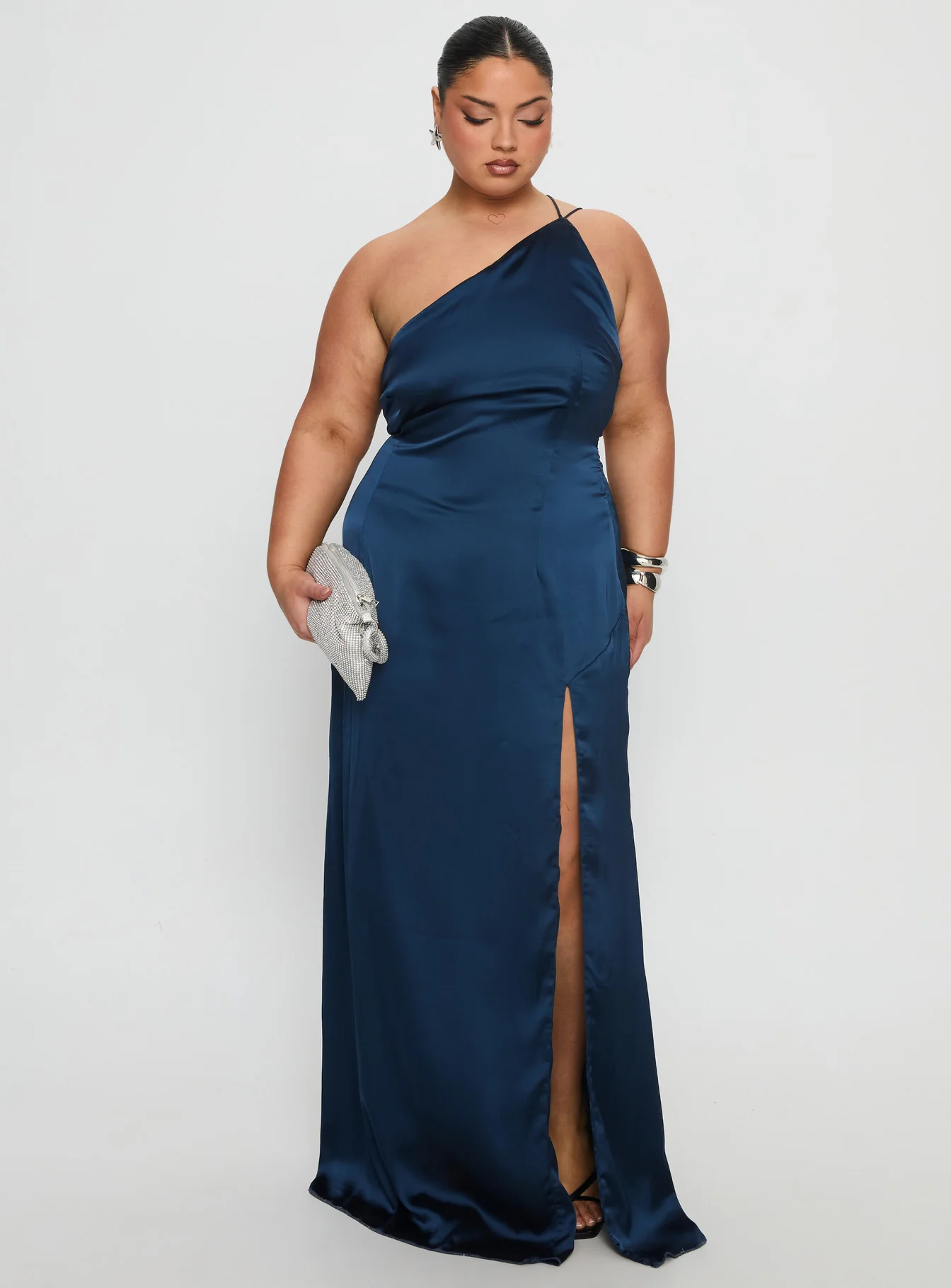 Kiss Of Life Satin Maxi Dress Navy Curve