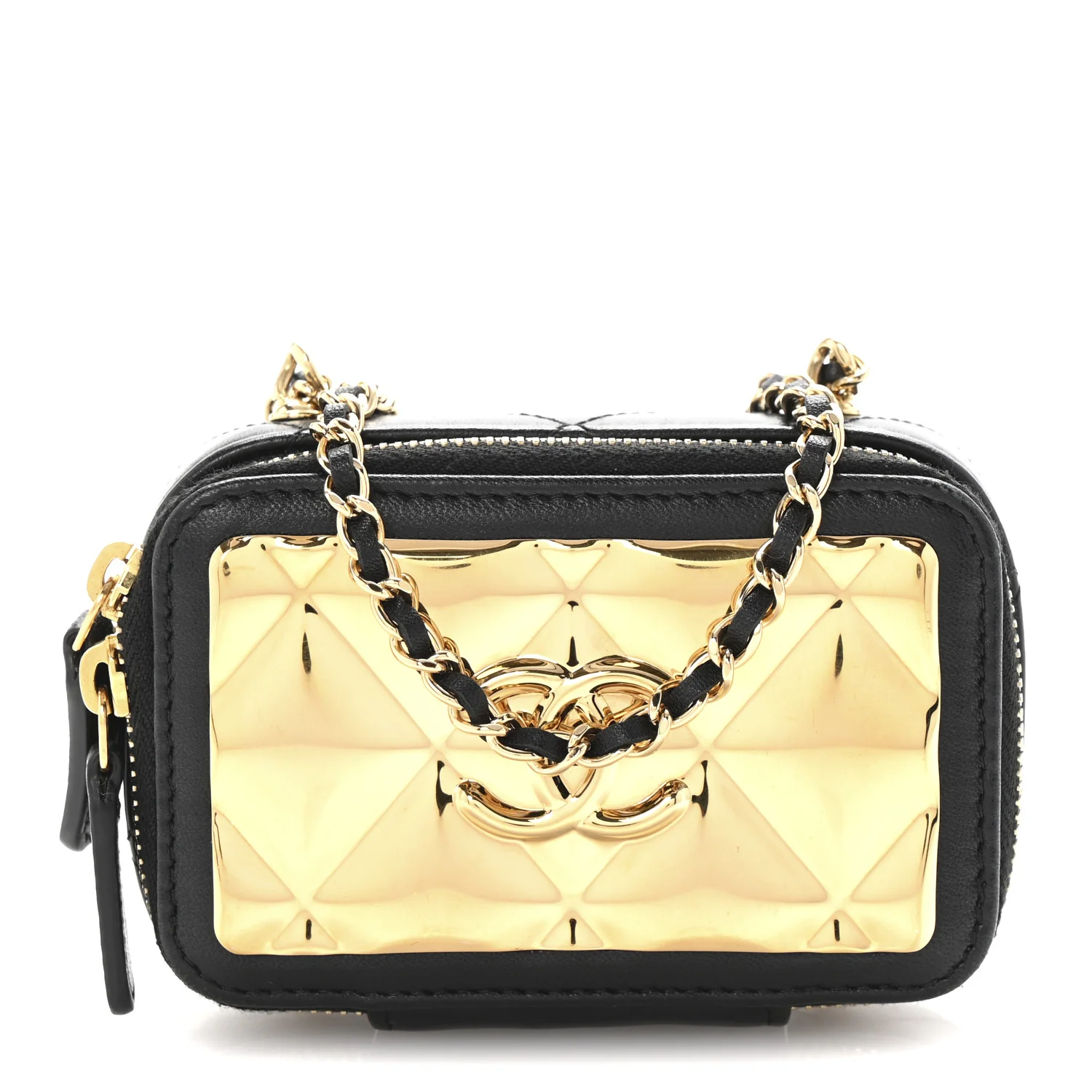 Lambskin Metal Quilted Extra Mini Vanity Case With Chain Black Gold - Top Club