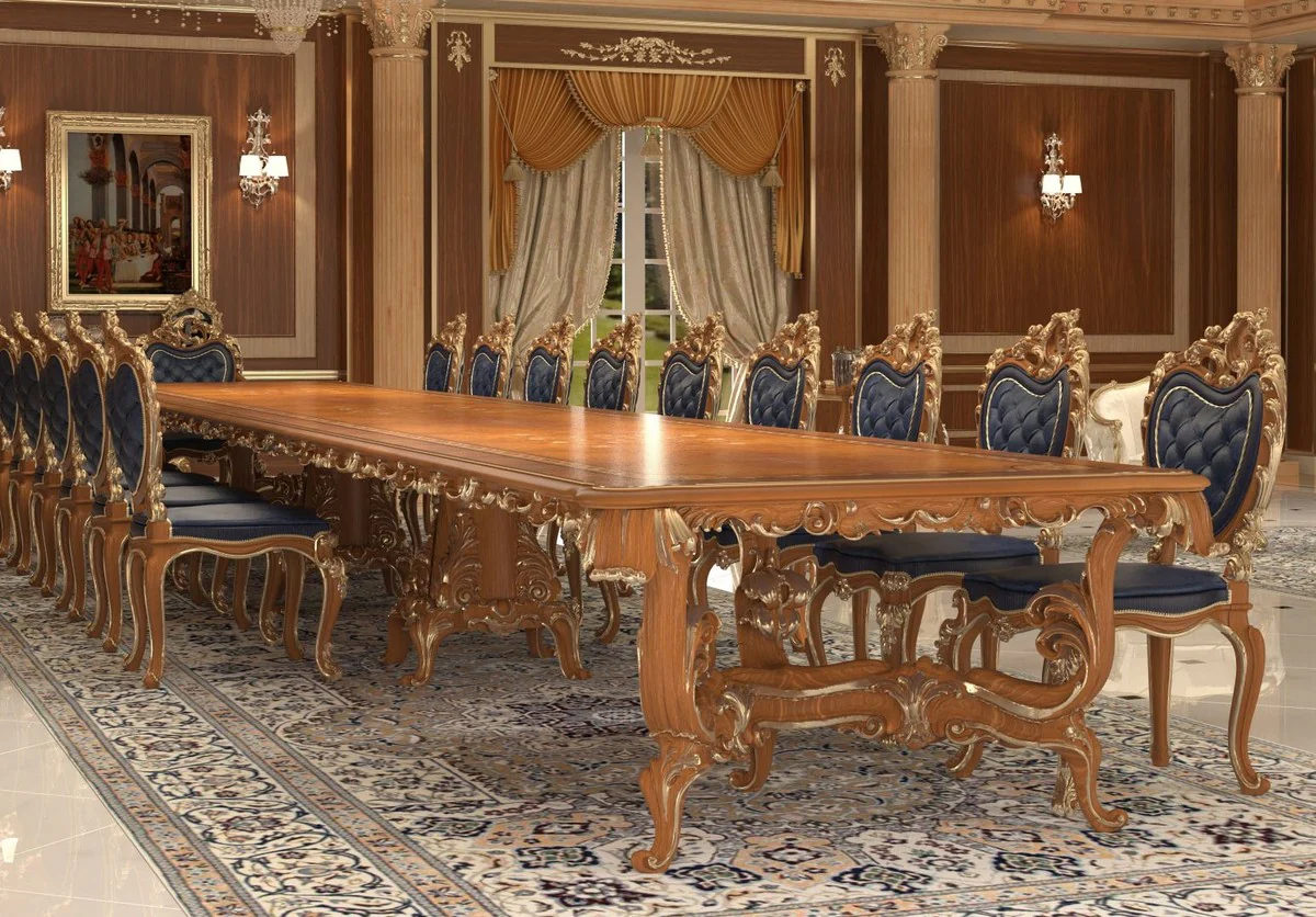 Luxury Baroque Dining Room Chair Set Dark Blue / Brown / Gold 57 x 62 x H. 105 cm - Magnificent Kitchen Chairs Set of 4 - Hotel Restaurant Castle Furniture - Luxury Quality - Made in Italy