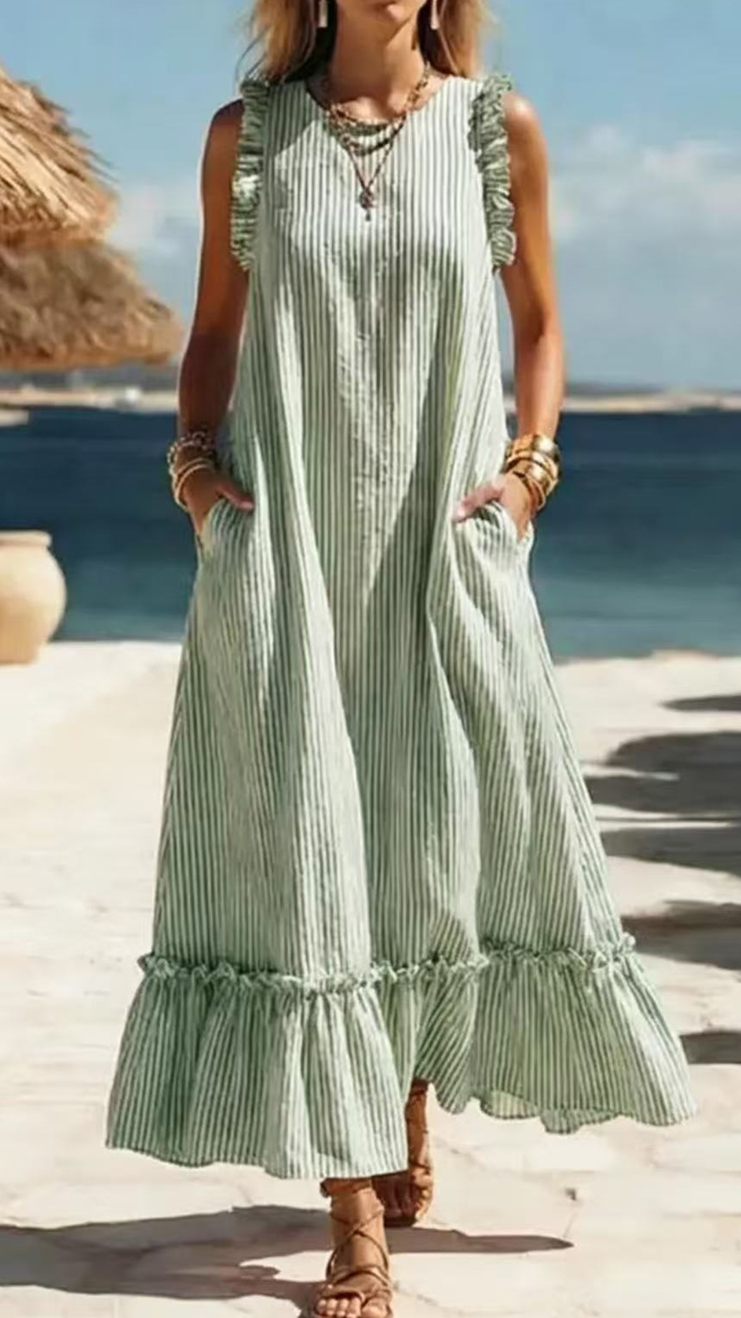Women's Cotton-Blend Striped Ruffled Sleeveless Maxi Dress - Nordfashionstorm - Women's Clothing, Fashion for You - Nordfashionstorm.com