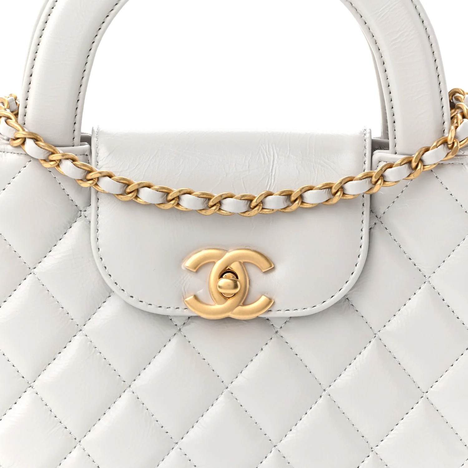 Shiny Aged Calfskin Quilted Nano Kelly Shopper Light Grey - Top Club