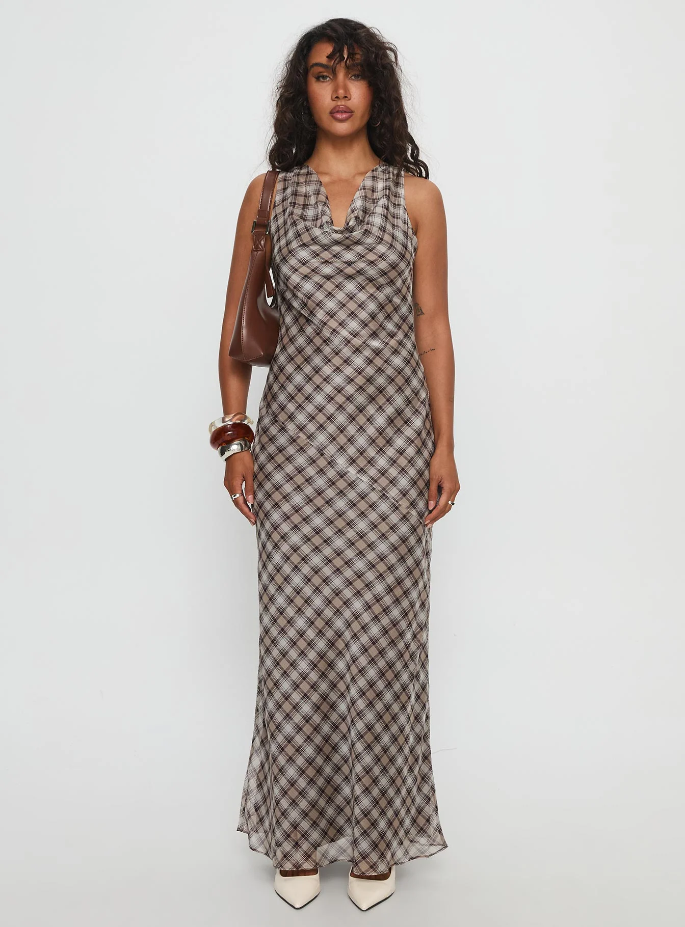 Veida Cowl Neck Maxi Dress Brown Check