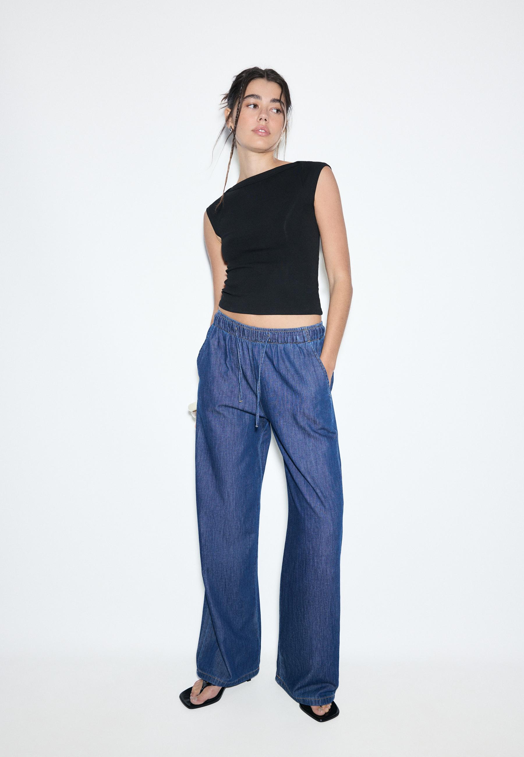 FLOWY DENIM DRAWSTRING TROUSERS