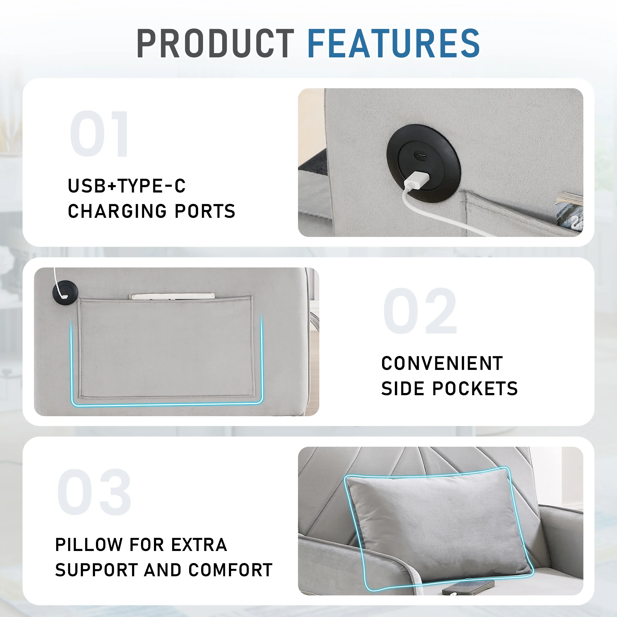 Lunale 3 - in - 1 Convertible Sleeper Chair Bed, Indoor Lounge Chair with USB/Type - C Charging Ports, Modern Recliner Sofa for Living Room, Gray Velvet