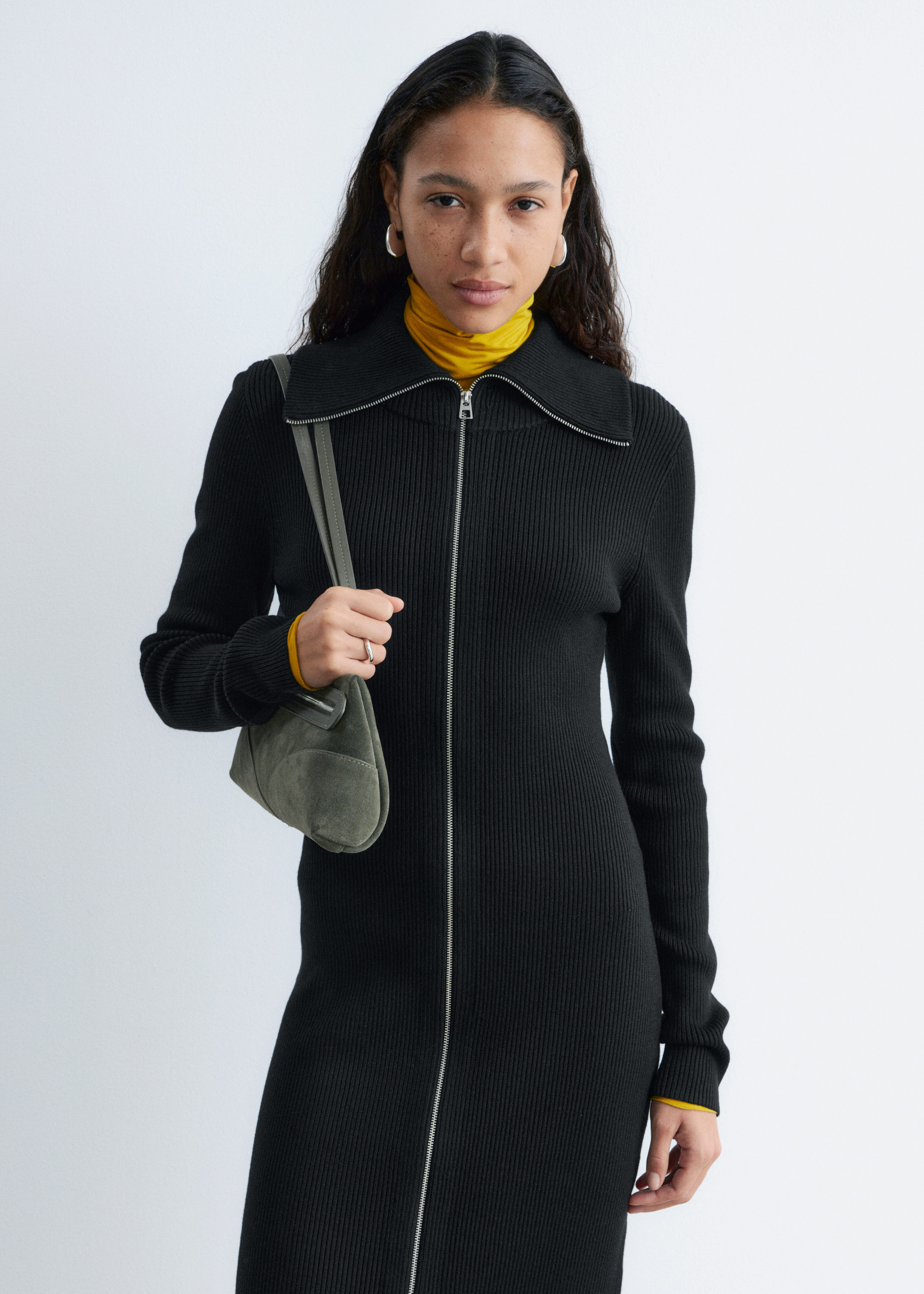 & Other Stories RIBBED ZIP-FRONT MIDI DRESS