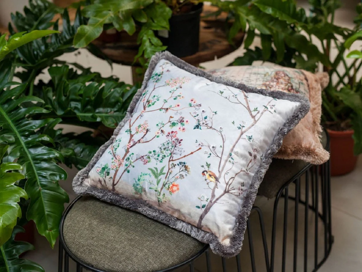 Luxury decorative cushion plants & birds gray / multicolored 45 x 45 cm - printed velvet cushion with fringes - luxury quality