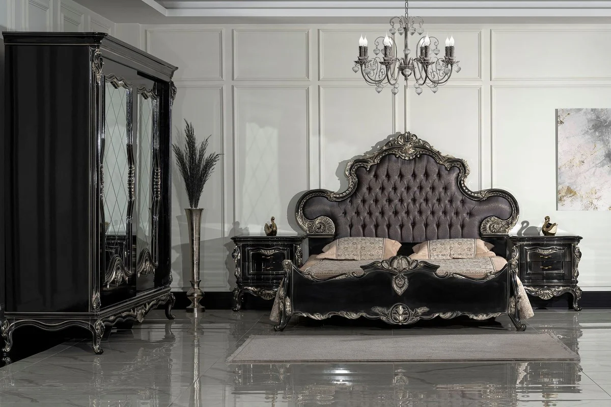 Luxury baroque bedroom cupboard black / silver - magnificent solid wood cupboard with 2 mirrored sliding doors - baroque wardrobe - baroque bedroom furniture