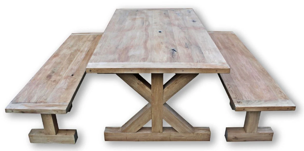 Solid wood dining room set natural colors - oak wood dining table with 2 benches - dining room furniture - restaurant furniture - rustic oak wood furniture