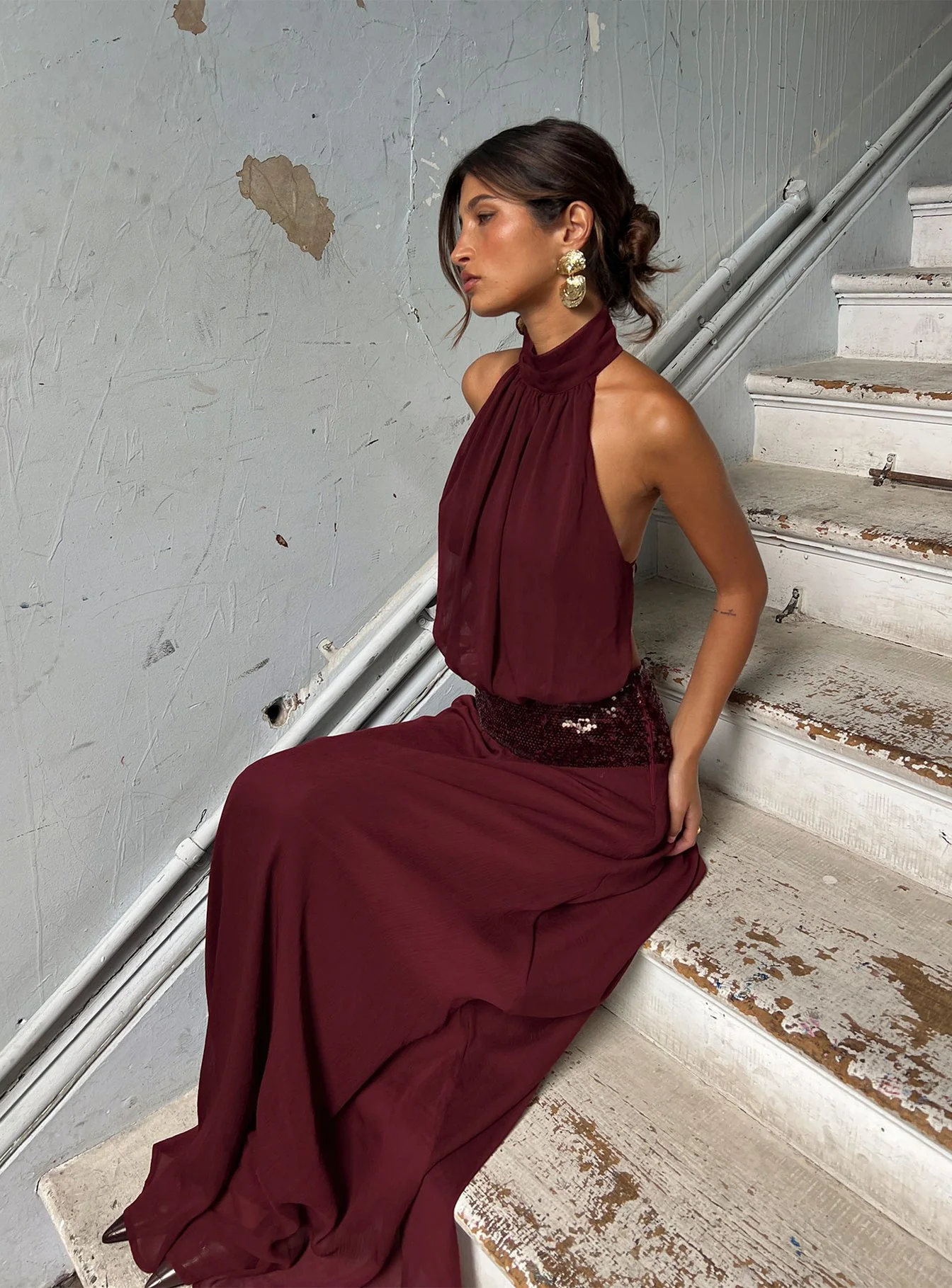 Darwinn Drop Waist Sequin Detail Maxi Dress Burgundy