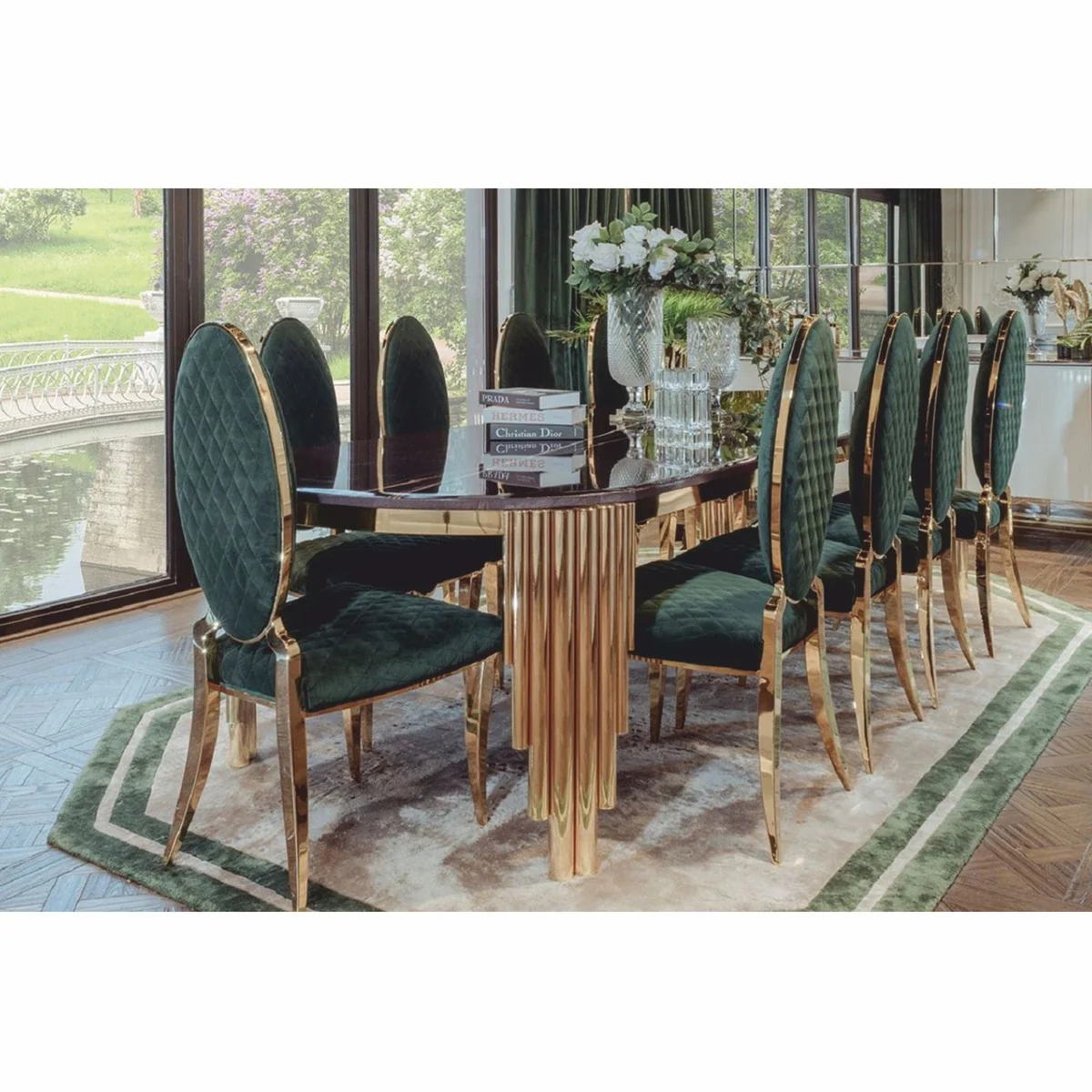 Luxury dining table with artificial marble table top black / gold 240 cm - dining room furniture