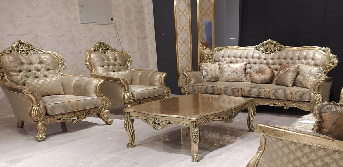 Luxury Baroque Living Room Set Gold / Green / Gold - 2 Baroque Sofas with Pattern & 2 Baroque Armchairs with Pattern & 1 Baroque Coffee Table - Baroque Living Room Furniture