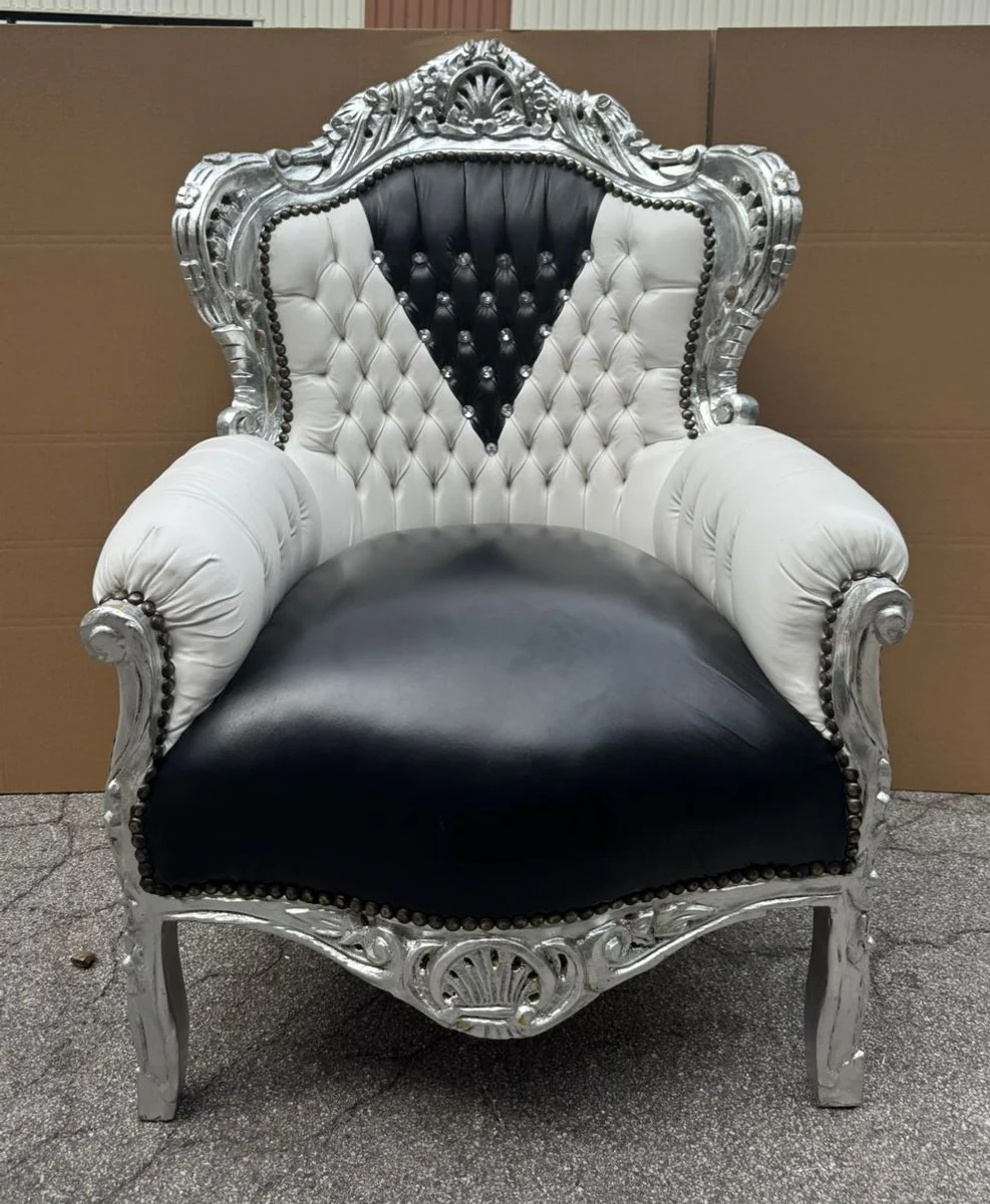 Baroque artificial leather armchair with glittering stones white / black / silver H. 120 cm