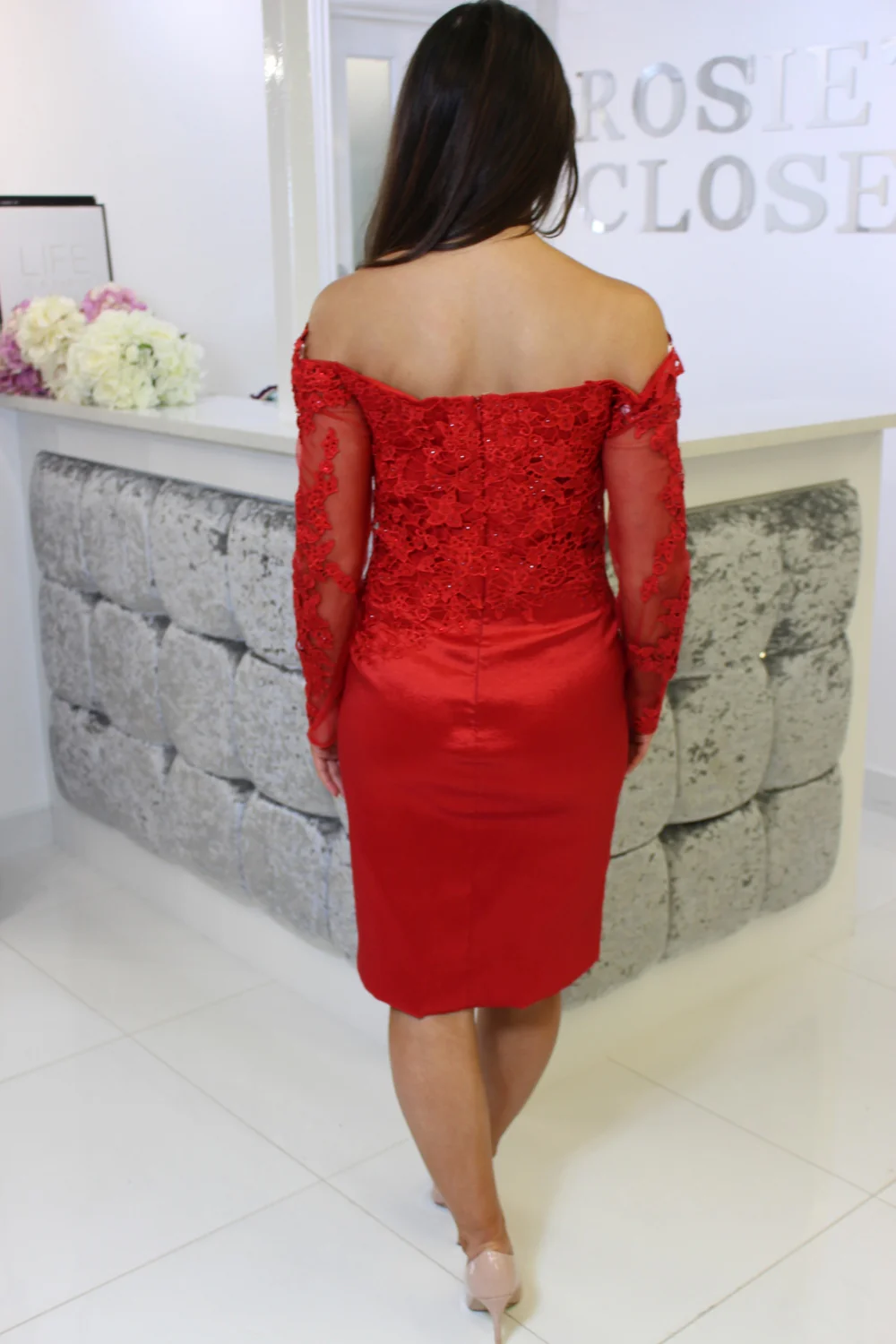Red Bardot Lace Sleeve Dress