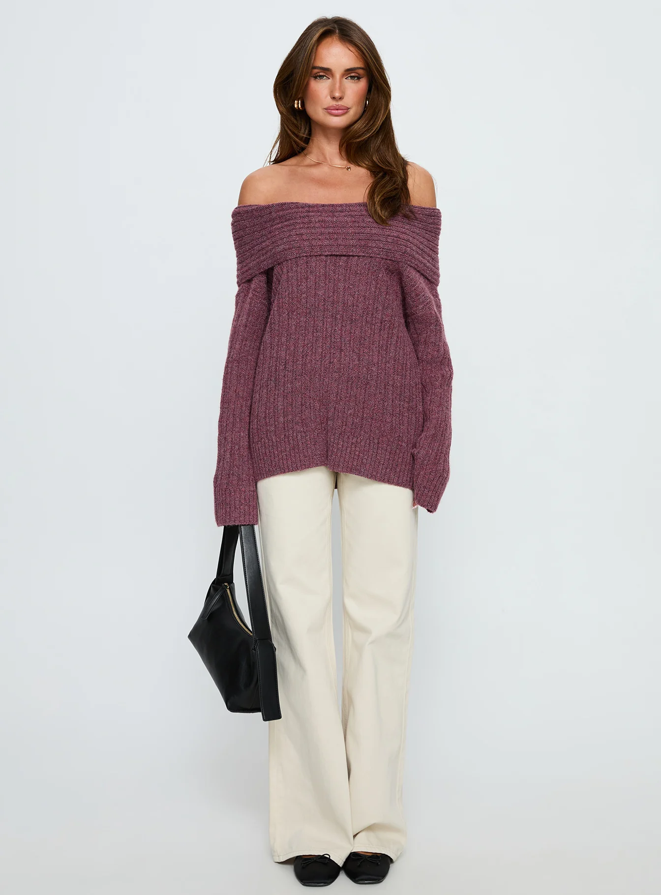 Snowie Off Shoulder Knit Sweater Burgundy