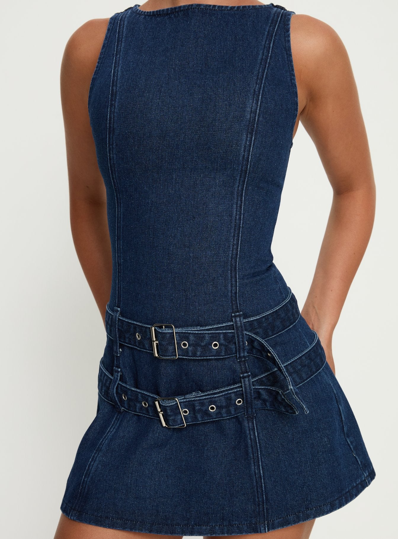 Kainer Denim Buckle Mini Dress Dark Blue Wash