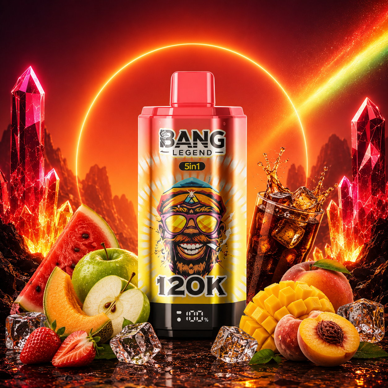 Jahoda a meloun + Cantaloupe a jablko + Ledová cola + Mango a broskev + Love 66 | Bang Legend vape 120 000 potahů