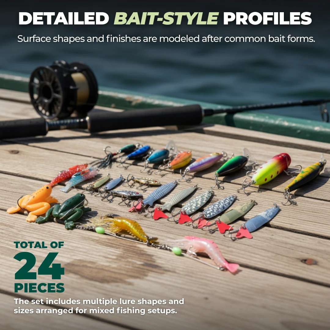 24 Piece Fishing Lures Set for Men, Teens, and Adult Anglers 24 Piece Fishing Lures Set for Men, Teens, and Adult Anglers