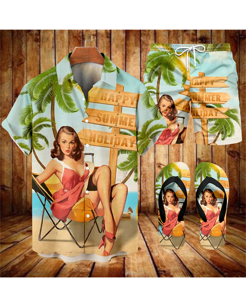 Suitmens Men's Hawaii Vacations Print Shirt Three-Piece Set 061