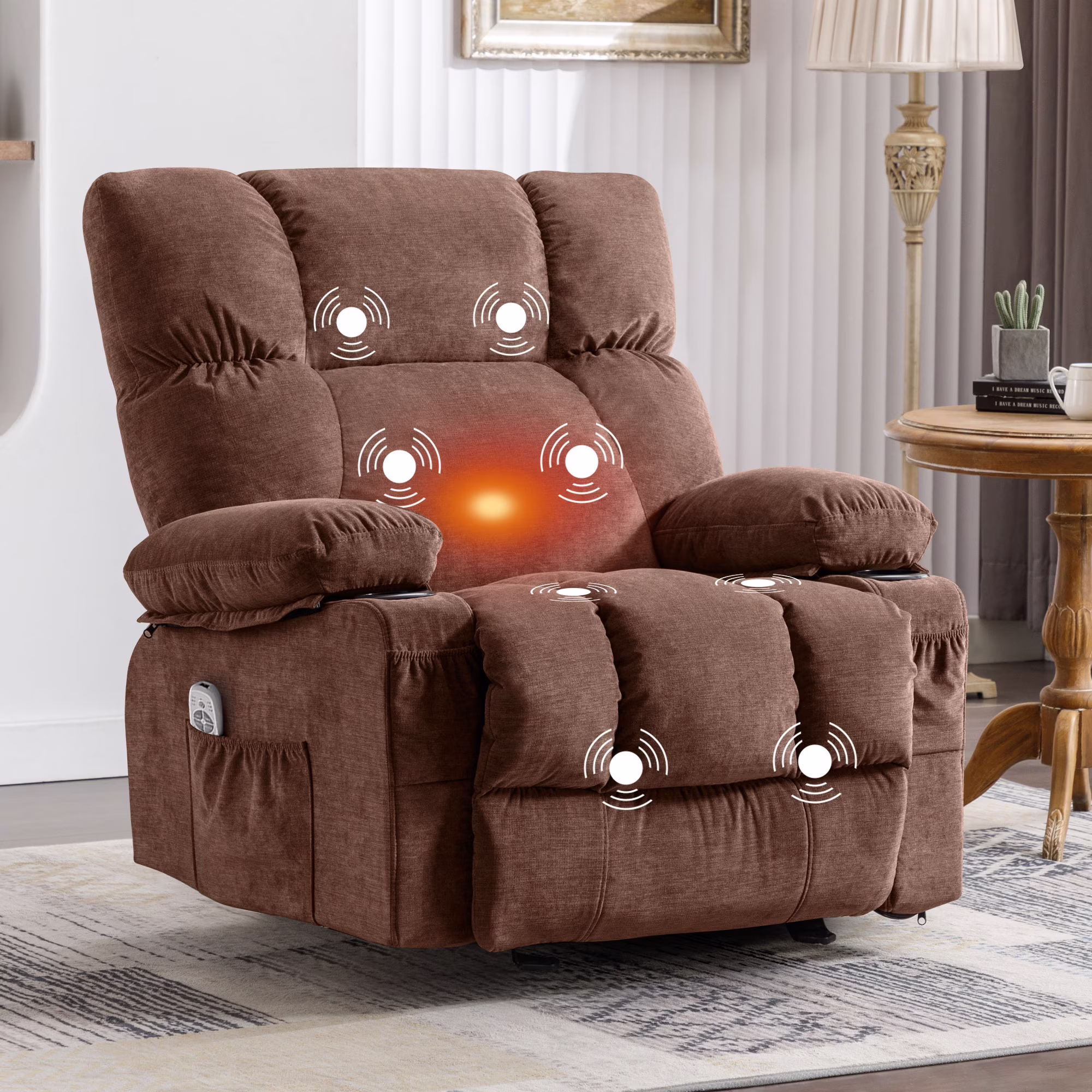 JONPONY Manual Recliner Chair with Heat Therapy and Massage Function, Heavy Duty Reclining Mechanism Massage Chair, Elderly Single Rocker Sofa with Cup Holders for Bedroom Home Theater, Grey