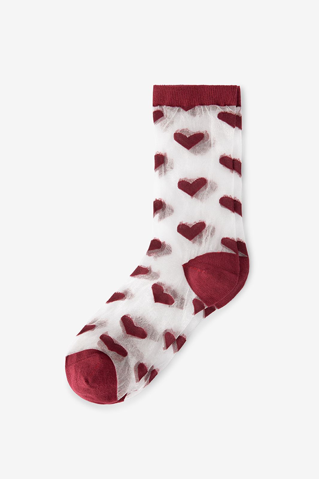 Donkerrode transparante sokken met hartjes