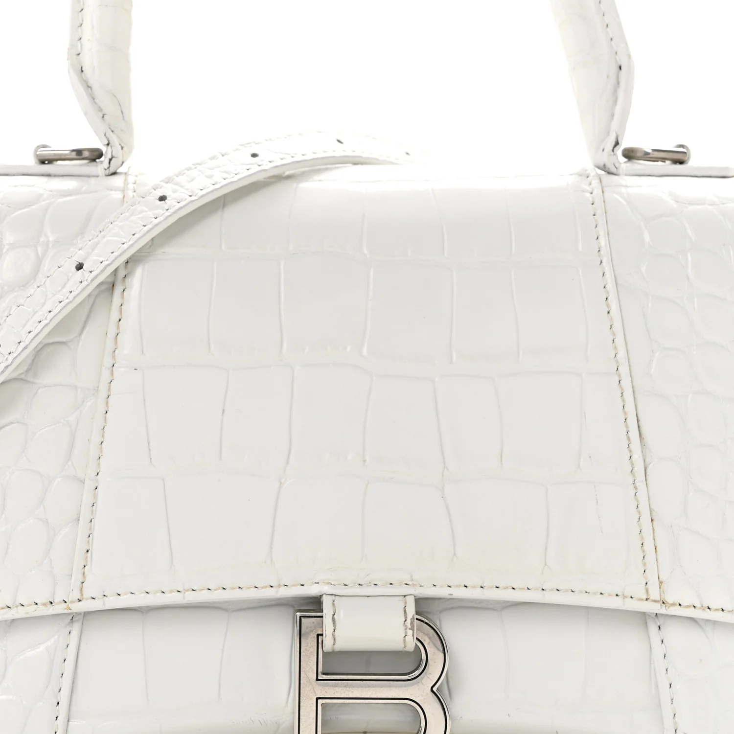 Calfskin Crocodile Embossed Small Hourglass Top Handle Bag White - Top Club